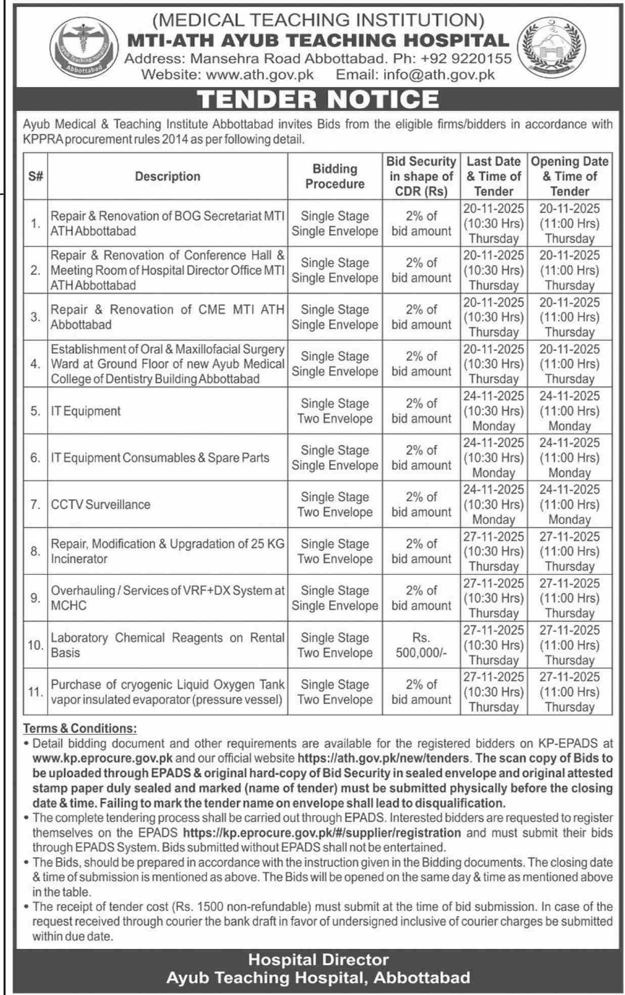 MTI-ATH Ayub Teaching Hospital Abbottabad Tender Notice